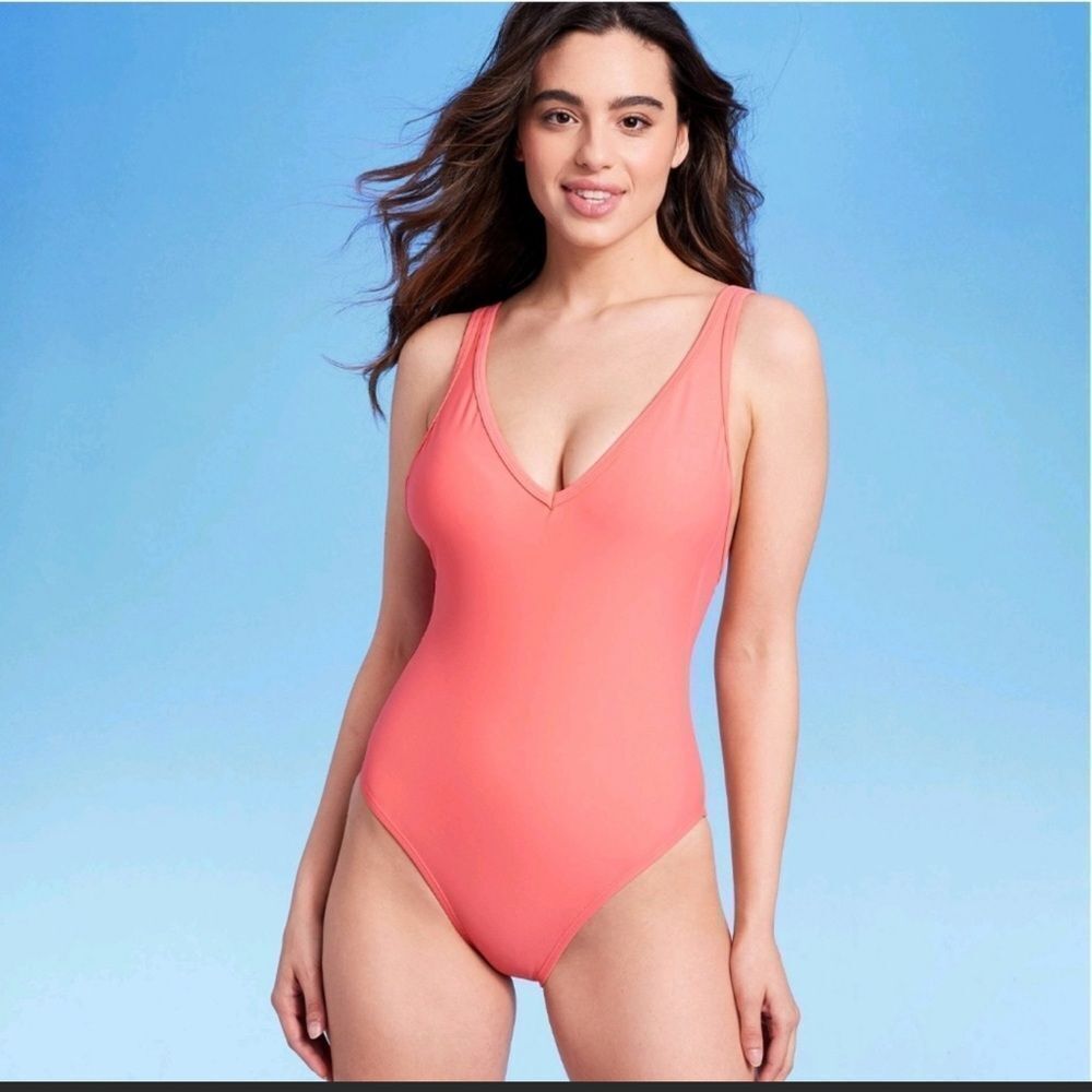 Peach V-Neck Over the Shoulder High Leg One Piece Swimsuit - Kona Sol